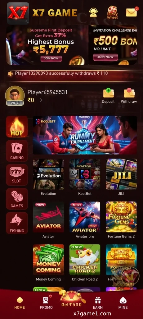 X7 Game member dashboard with balance and account shortcuts
