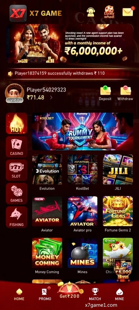 X7 Game Android lobby with grouped game tiles and bottom navigation