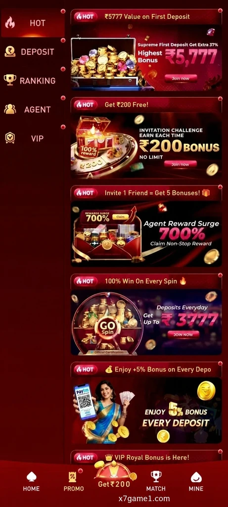 X7 Game promotional sections arranged beside the app menu