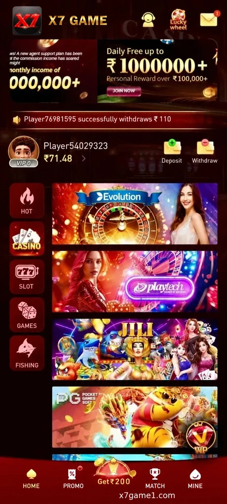 X7 Game Casino categories and phone navigation controls